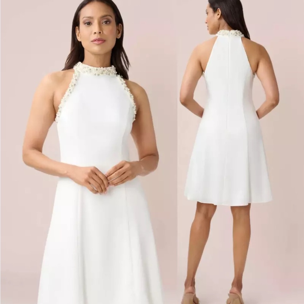 Adriana Papell White Pearl rhinestone beaded neckline Elegant White Halter Dress